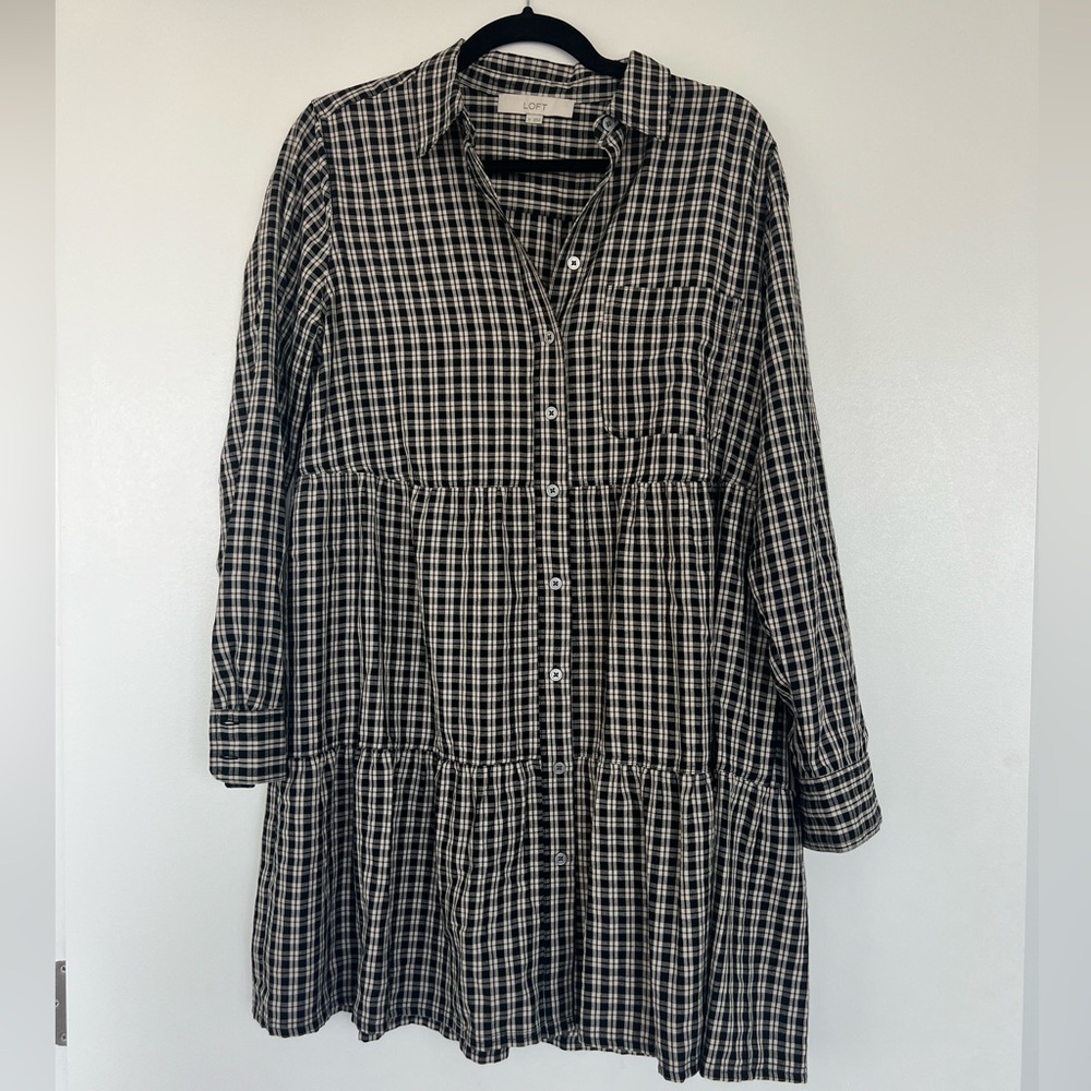 LOFT Plaid Tiered Pocket Shirtdress, color black, size M